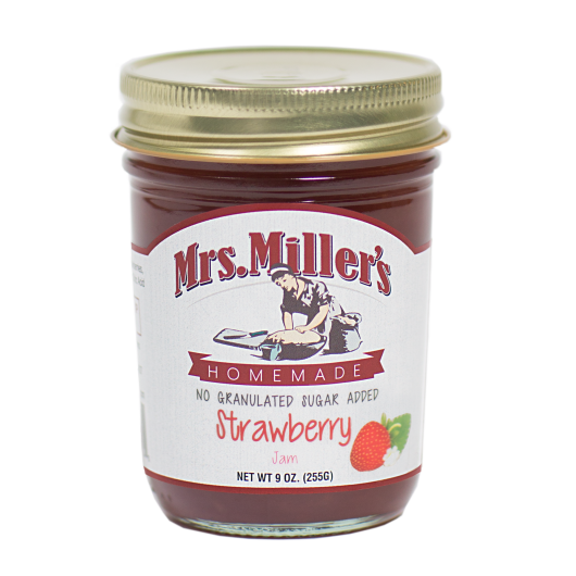Jar of Mrs. Miller's strawberry jam with a gold lid on a white background