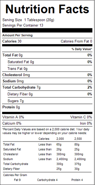 Nutrition facts label for a product with serving size, calories, and nutritional content details.
