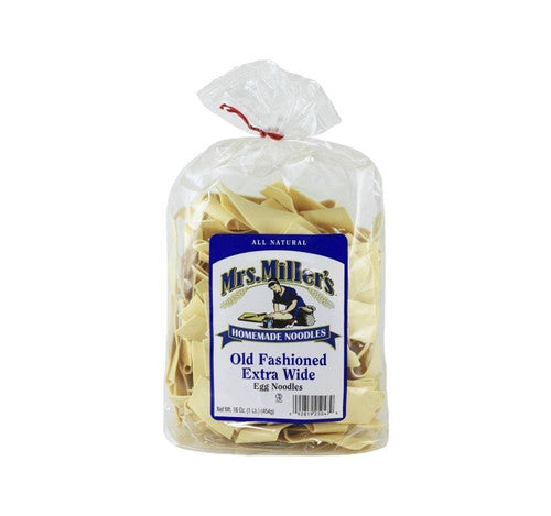 Bag of Mrs. Miller's Old Fashioned Extra Wide Egg Noodles on a white background