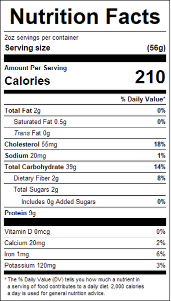 Nutrition facts label for a food product with serving size, calories, and various nutrient values.
