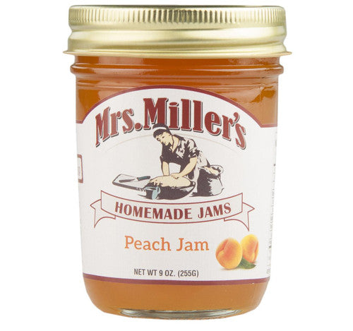Jar of Mrs. Miller's Peach Jam with a white label on a white background
