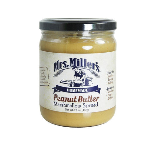 Jar of Mrs. Miller's Homemade Peanut Butter Marshmallow Spread on a white background