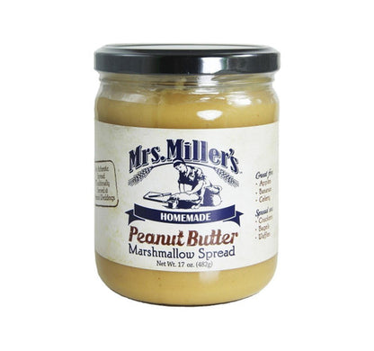 Jar of Mrs. Miller's Homemade Peanut Butter Marshmallow Spread on a white background