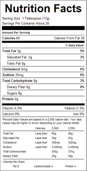 Nutrition facts label for a product with serving size, calories, and nutritional content details.