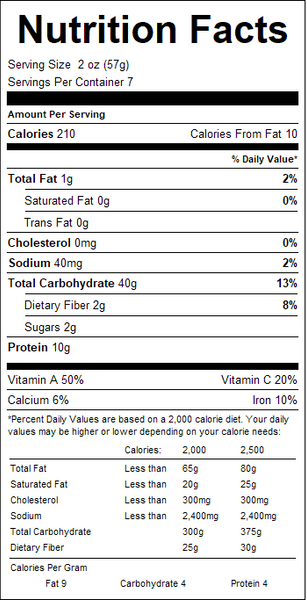 Nutrition facts label for a food product with detailed calorie count and nutritional content.