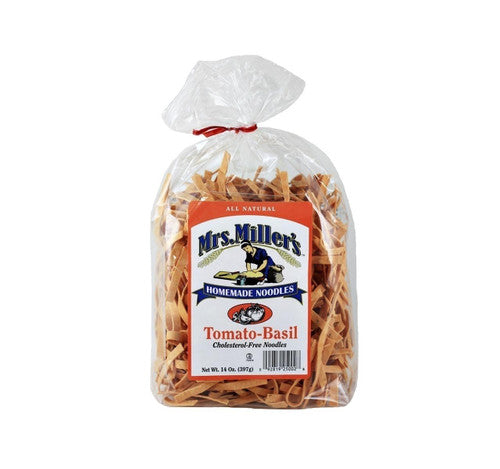 Bag of Mrs. Miller's Tomato-Basil noodles on a white background