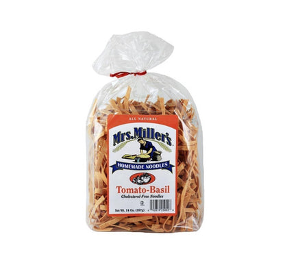 Bag of Mrs. Miller's Tomato-Basil noodles on a white background
