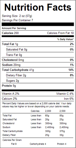 Nutrition facts label for a food product with detailed calorie count and nutritional information.