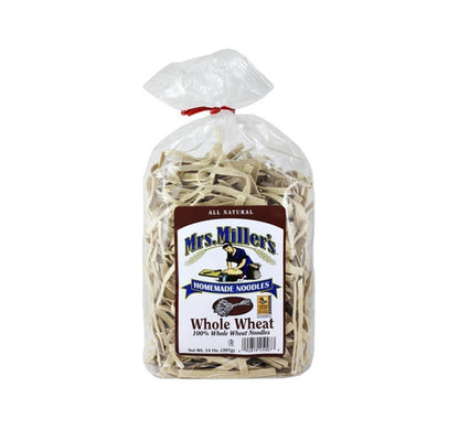 Bag of Mrs. Miller's whole wheat noodles on a white background