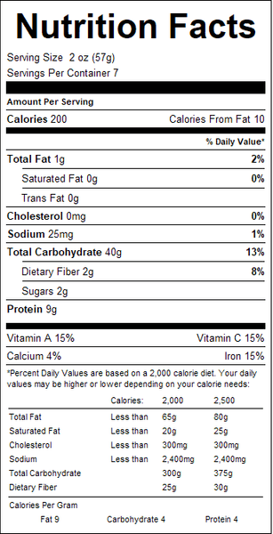 Nutrition facts label for a food product with detailed calorie count and nutritional content.