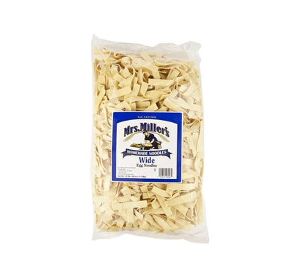 Bag of Mrs. Miller's wide egg noodles on a white background