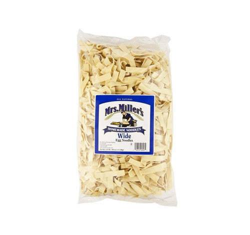 Bag of Mrs. Miller's wide egg noodles on a white background