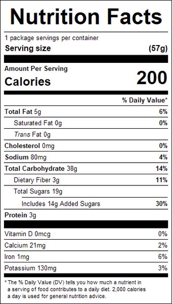 Nutrition facts label for a food product with serving size, calories, and various nutritional values.