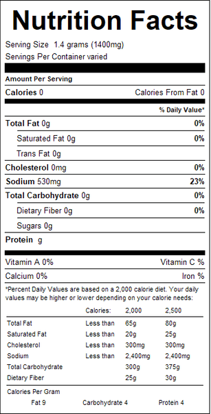 Nutrition facts label with detailed information on calories, fat, cholesterol, sodium, carbohydrates, protein, vitamins, and minerals.