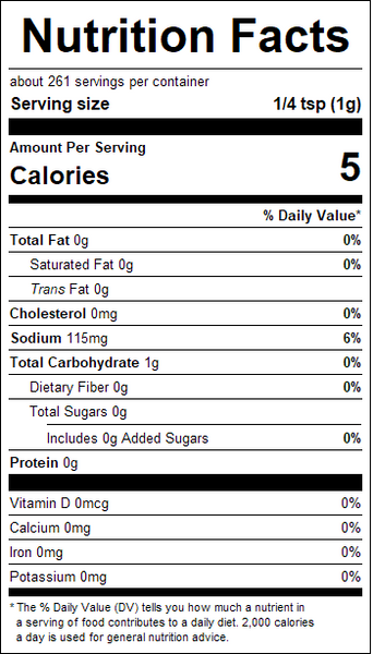 Nutrition facts label for a product with serving size, calories, and various nutrient values.