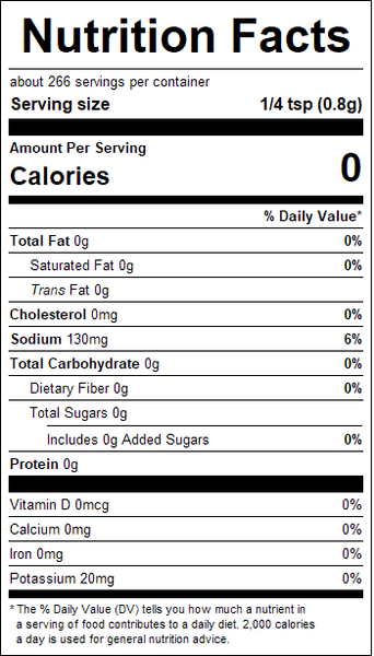 Nutrition facts label for a product with zero calories per serving