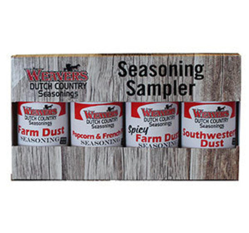 Weaver's Dutch Country Seasonings seasoning sampler with four packets in a wooden holder.