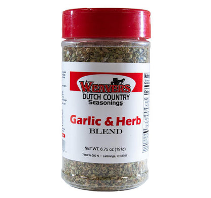 Jar of Weavers Garlic & Herb Blend seasoning on a white background
