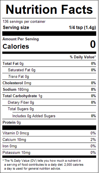 Nutrition facts label for a product with zero calories per serving