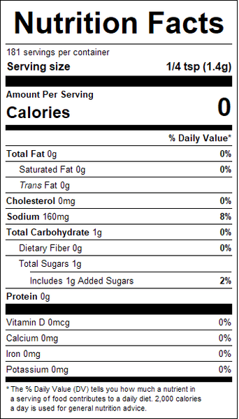 Nutrition facts label for a product with zero calories per serving