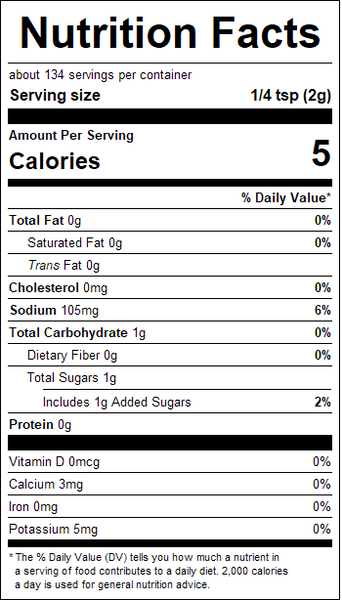 Nutrition facts label for a product with serving size, calories, and various nutrient values.