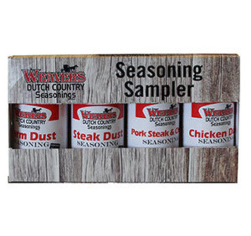 Wewer's Dutch Country Seasonings seasoning sampler set on a wooden display.