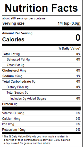 Nutrition facts label for a product with zero calories per serving