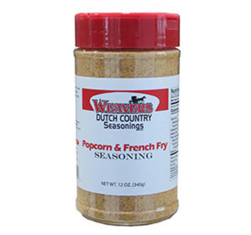 Weaver's Dutch Country Popcorn & French Fry Seasoning jar with red lid on a white background