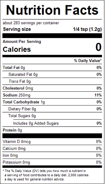 Nutrition facts label for a product with zero calories per serving