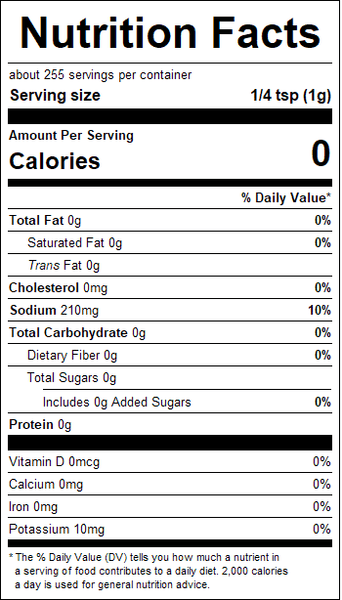Nutrition facts label with serving size, calories, and various nutrient values.
