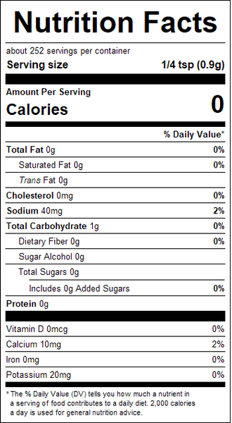 Nutrition facts label for a product with zero calories per serving