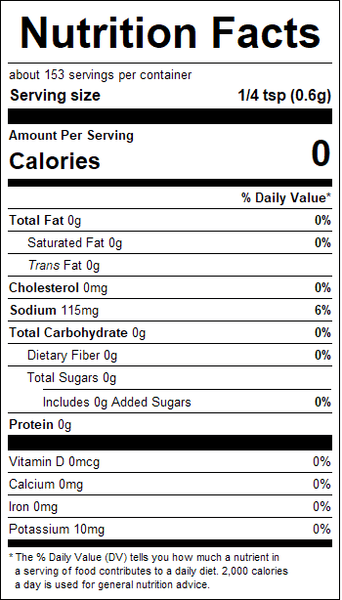 Nutrition facts label for a product with zero calories per serving