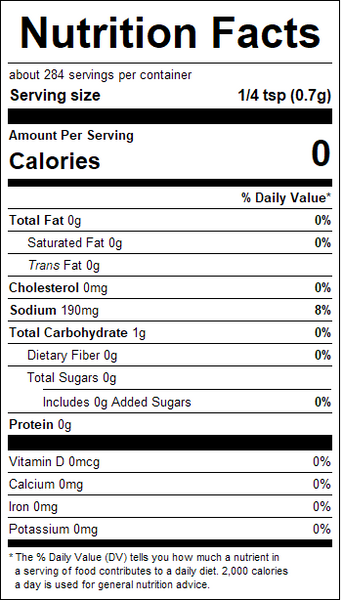 Nutrition facts label for a product with zero calories per serving