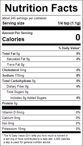 Nutrition facts label for a product with zero calories per serving
