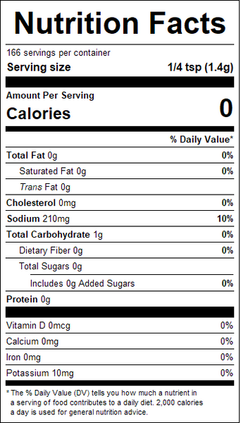Nutrition facts label for a product with zero calories per serving