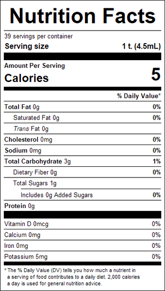 Nutrition facts label for a product with 5 calories per serving