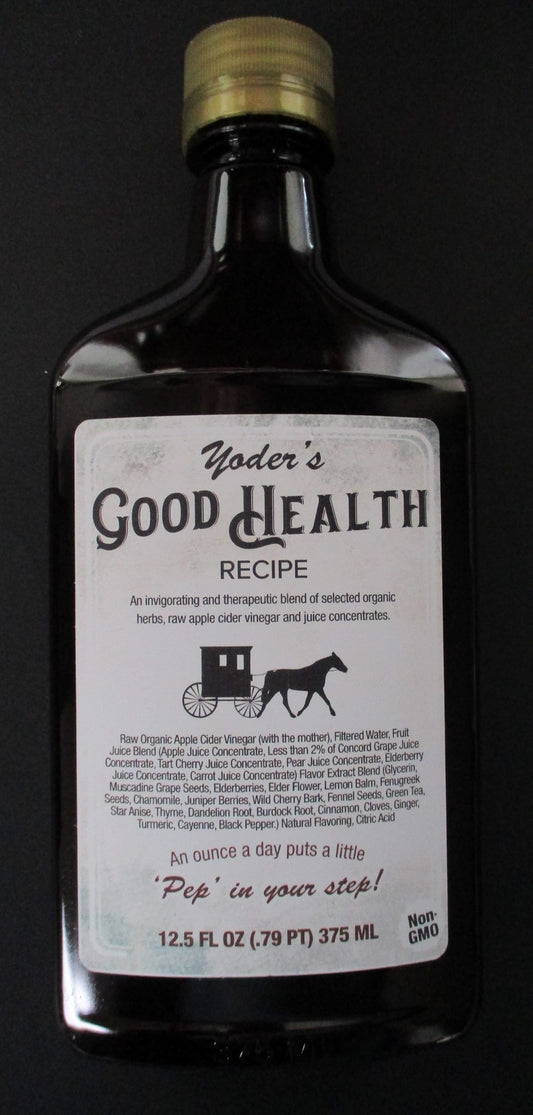 Bottle of Yoder's Good Health Recipe on a dark background