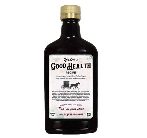 Bottle of Yoder's Good Health Recipe with a white label on a white background