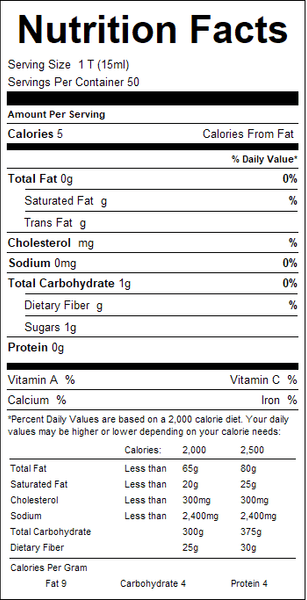 Nutrition facts label for a product with serving size, calories, and nutritional content details.