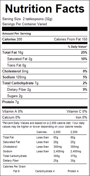 Nutrition facts label for a product with detailed calorie count and nutritional content.